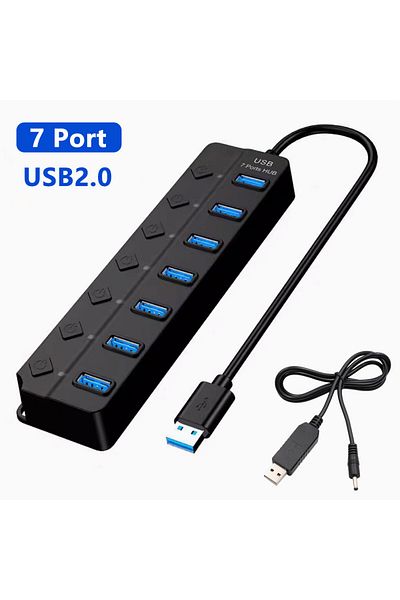 Choice موزع موزع USB 7 منافذ 7/4 منافذ مع مفتاح فردي ومحول USB2.0 ومقبس متعدد المنافذ يعمل بالطاقة