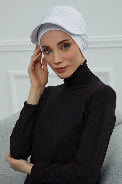 Aisha's Design Combed Cotton Bonnet with Visor Detail, B-66, White