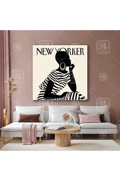 SML TABLO Κάλυμμα περιοδικού New Yorker με δαχτυλίδι σκουλαρίκια Γυναικεία με ριγέ φόρεμα Κάθετη εκτύπωση σε καμβά
