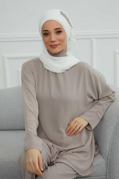 Aisha's Design عمامة شيفون جاهزة - كشكشة جانبية وإكسسوارات حجرية، HT-100، HT-100