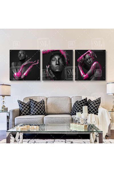 SML TABLO Vopsele albastre de la Elinden care curge pentru femei Cyan Decor Combinație triplă Set de 3 picturi pe pânză