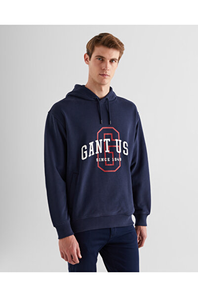 Gant Erkek Lacivert Relaxed Fit Kapüşonlu Logolu Sweatshirt