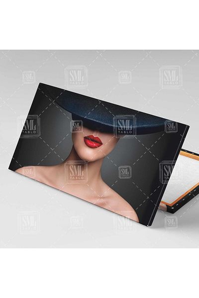 SML TABLO Model Charismatic cu pălărie Fedora neagră și ruj roșu Pictură pe pânză orizontală