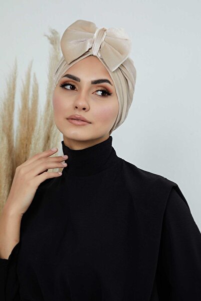 Ayşe Tasarım Βελούδινο καπέλο με φιόγκο, B-27K, Μπεζ