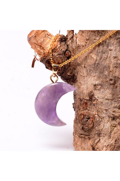 Taş Sandığı Moon Shaped Amethyst Stone Necklace - Small size (Gold Color)