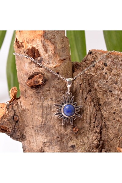 Taş Sandığı Güneş Şeklinde Lapis Lazuli Taşı Gümüş Kolye - Küçük Boy