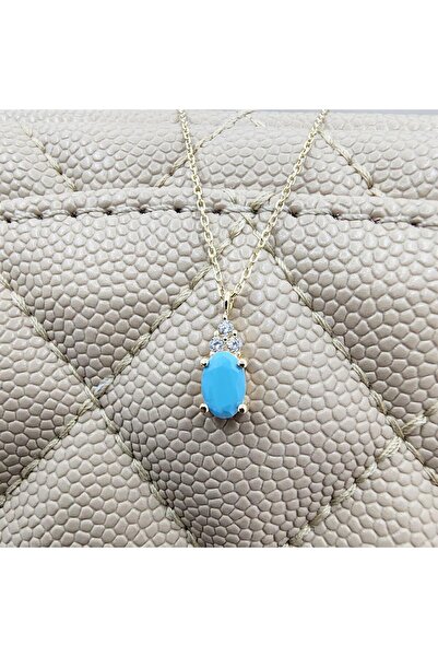 FasekGold Gümüş Kolye - 1.10 Karat Firuze (Turkuaz) Oval Taşlı 925 Ayar Gümüş...