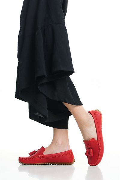 Mubiano 201-kr Genuine Leather Tasseled Oval Toe Women's Red Ballerinas & Loafers