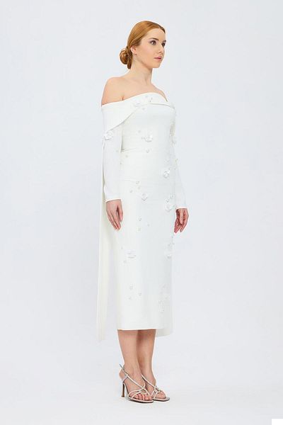 CENGIZ AKTURK Boat Neck White Rhinestone Long Evening Dress - 1026K