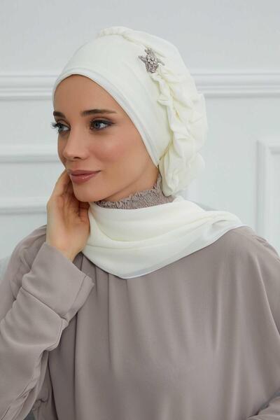 Aisha's Design Chiffon Ready-To-Wear Turban with Side Ruffles and Silver Accessories, Ht-106, Ht-106, Cream