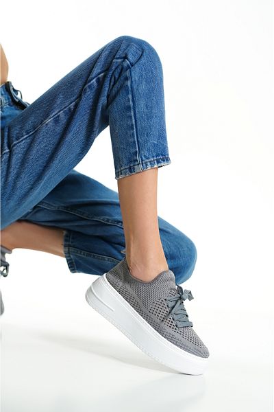 Mubiano H- 101-gr Knitwear Knitted Fabric Oval Toe Lace Detail Women's Gray High Sole Ballerinas & Loafers
