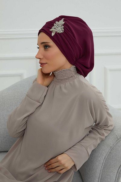 Aisha's Design Stone Flower Patterned Chiffon Turban - Pleated and Accessory, Ready to Use, Ht-105,Ht-105