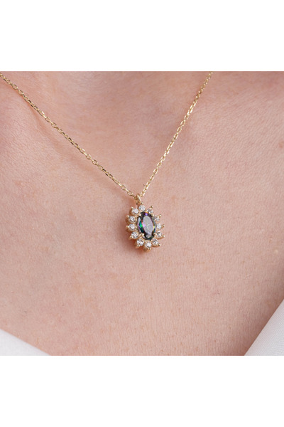 FasekGold Gümüş Kolye - 0.95 CT Aleksandrıt 0.25 CT Signity Taşlı Anturajlı V...