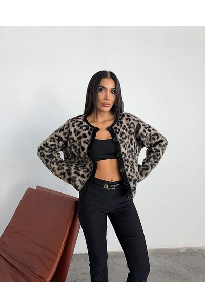MERİCEY Cardigan de tricotaje cu pene cu nasturi cu model leopard de damă
