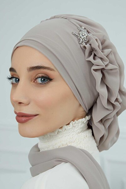 Aisha's Design Έτοιμο τουρμπάνι από σιφόν με βολάν στο πλάι και ασημένια αξεσουάρ, HT-106, HT-106, βιζόν