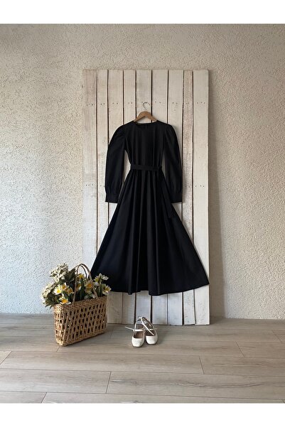 KÜÇÜĞÜM BUTİK Μακρύ Μαύρο Φόρεμα Poplin Flared
