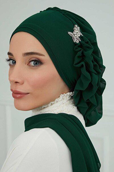 Aisha's Design Chiffon Ready-Made Turban with Side Ruffles and Silver Accessories,Ht-106,Ht-106,Dark Green