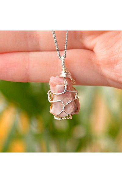 Taş Sandığı Raw Pink Opal Stone Necklace - Wire Wrapped