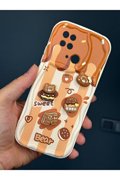 Fibaks Redmi 10C/Poco C40 Case Designed Patterned Camera Protection Teddy Bear Biscuit Colored Cofffe Silicone Cap