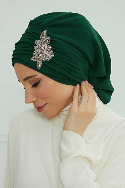 Aisha's Design Chiffon Ready-Made Turban with Pleated Stone Flower Accessories,Ht-105,Ht-105,Dark Green