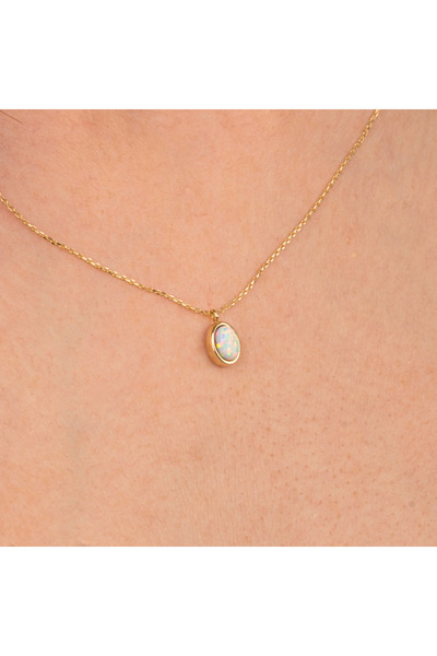 FasekGold Gümüş Kolye - Opal Oval Taşlı 925 Ayar Gümüş Kolye
