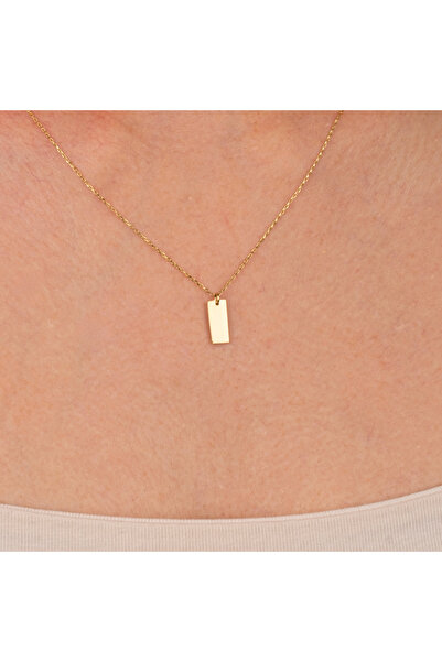 FasekGold Altın Kolye - Harf Yazılabilir Dikdörtgen Plaka 14 Ayar Altın Kolye