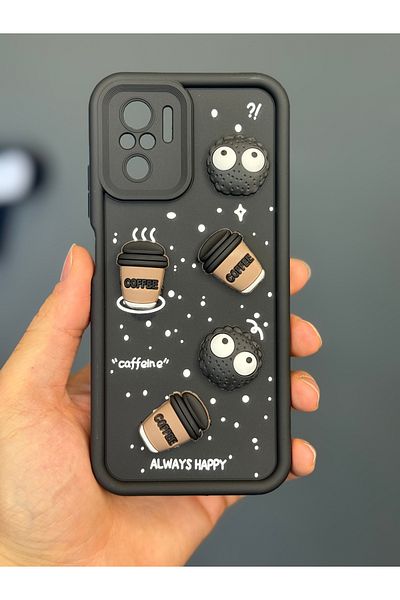 Fibaks غطاء سيليكون ناعم أسود لهاتف Xiaomi Redmi Note 10/10S مع شكل حماية للكاميرا على شكل كوكي القهوة