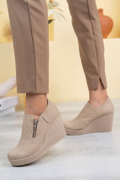 epaavm Cream Colored Wedge Sole Side Zipper Jeans Shoes