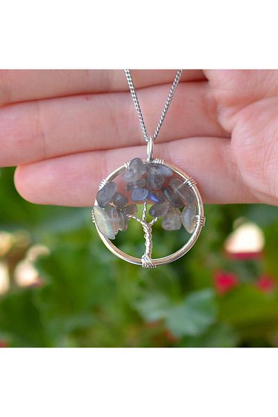 Taş Sandığı Labradorite Stone Tree of Life Necklace