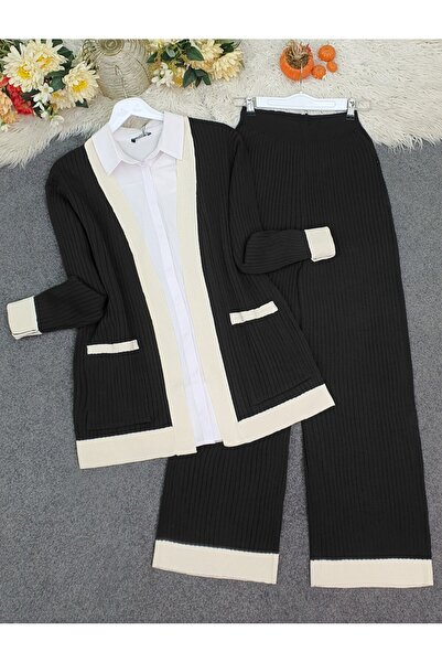 Modamorfo Double Pocket Corded Fabric Knitwear Set -Black