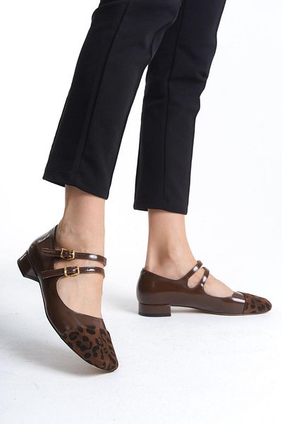 Mubiano Collection Women's Flat Patent Leather Genuine Leather Ballerinas Brown/Leopard - Mcsr1008 - Khlpr