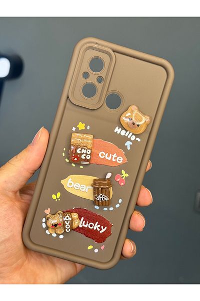Fibaks حافظة متوافقة مع هاتف Redmi 12c بتصميم منقوش لحماية الكاميرا على شكل دمية دب بني اللون غطاء سيليكون ناعم