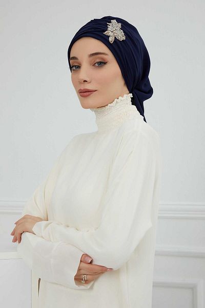 Aisha's Design Stone Flower Patterned Chiffon Turban - Pleated and Accessory, Ready to Use, Ht-105,Ht-105