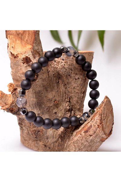 Taş Sandığı 8 mm Matte Obsidian Stone Bracelet - Agate and Hematite Stone