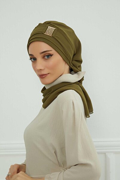 Aisha's Design Σχεδιαστικό τουρμπάνι από σιφόν με χρυσά αξεσουάρ, HT-11, Χακί Πράσινο