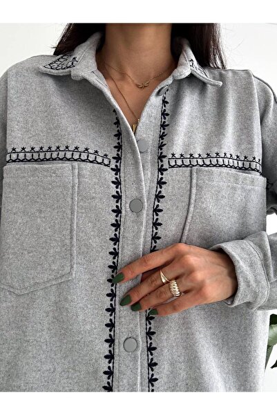 Yeys Kaşe Kumaş Çift Cep Nakış Detaylı Gömlek