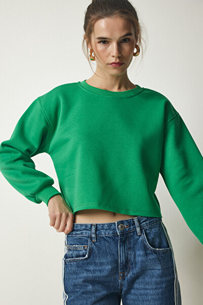Lovelyİstanbul ΠΡΑΣΙΝΟ Crop πλεκτό φούτερ - Crew Neck, Raster LBF0009