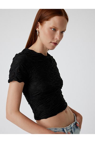 Koton Asymmetrical Short Sleeve Textured Crop T-Shirt - Round Neck, Slim Fit