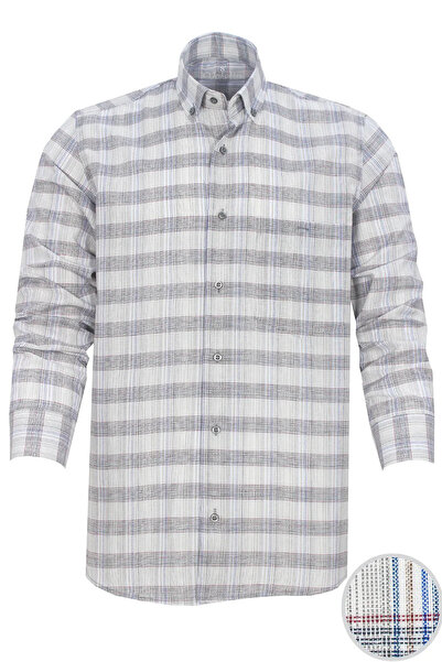 Varetta Men's Cloud Gray Classic Wide Cut Checkered Pocket Long Sleeve Shirt
