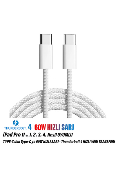 EXENAR iPad Pro 11 inç 1. 2. 3. 4. Nesil Tablet Şarj Kablosu Type-C Thunderbo...
