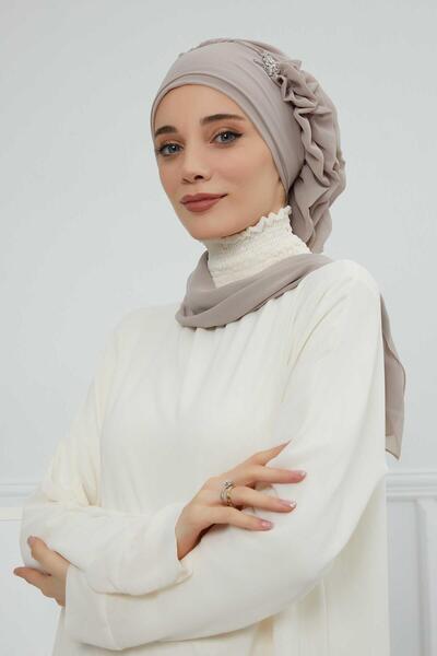 Aisha's Design Chiffon Ready Turban with Side Ruffled Silver Accessory,HT-106,HT-106
