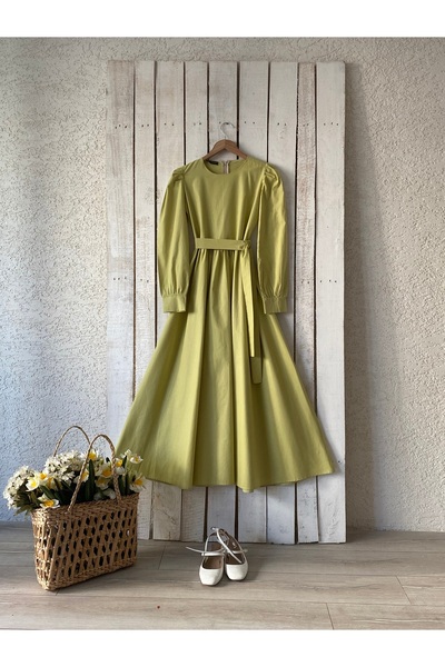 KÜÇÜĞÜM BUTİK Μακρύ λαδί πράσινο φόρεμα με φουσκωτό ποπλίνα