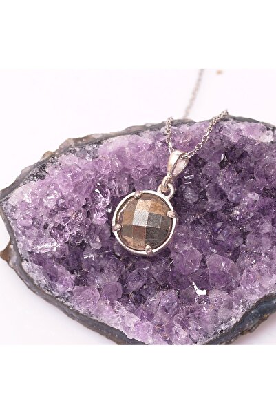 Taş Sandığı Pirit Taşı Gümüş Kolye - Dolunay Model