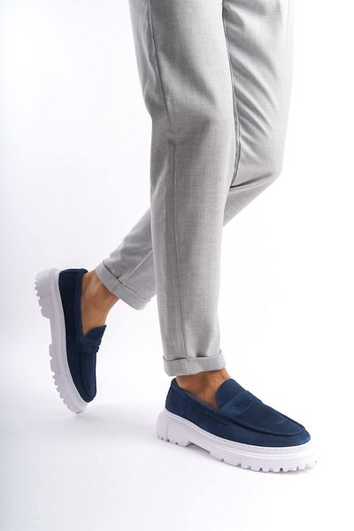Mubiano MBKRY109-KTM Blugi pentru bărbați din piele naturală cu detaliu curea/loafer albastru