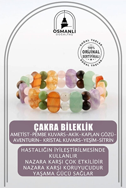 OSMANLI DOĞAL TAŞ Çakra Bileklik-Ametist-Pembe Kuvars-Akik-Kaplan Gözü-Aventu...