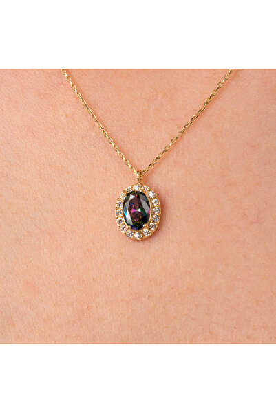 FasekGold Altın Kolye - Oval Mistik Topaz Taşlı Vintage Tasarım 14 Ayar Altın...