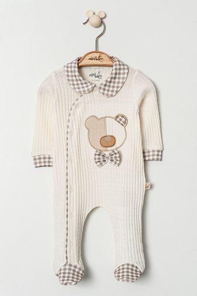MİNİBORN New Born Boy Long Sleeve Brown Bebe Collar One Ear Bear Woven Jumpsuit