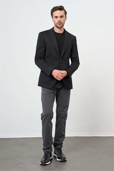 İmza Μαύρο πλεκτό μονό γιακά 6 Drop Slim Fit Classic Jacket 1002240250
