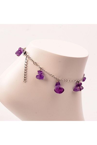 Taş Sandığı Amethyst Stone Anklet - Non-Tarnish Chain