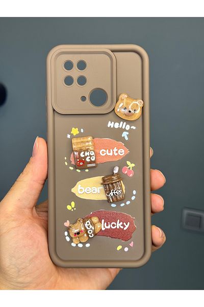 Fibaks حافظة متوافقة مع Redmi 10c/poco C40 مصممة بنمط الكاميرا تيدي بير لون القهوة غطاء سيليكون ناعم